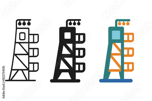 Minimalistic Launch Tower Icons. Linear minimalistic launch tower icon: service gantry, platform ladder, access hatch, control
