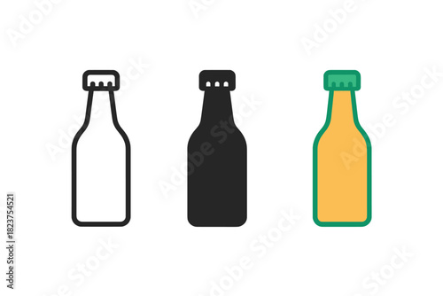 Minimalist Bottle Icons. Minimalist bottle drink icon: three identical bottles with caps in a row, first in line style with thin