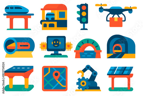 Futuristic Transport Icons. Flat vector icons of futuristic transport infrastructure: maglev track, automated station, smart