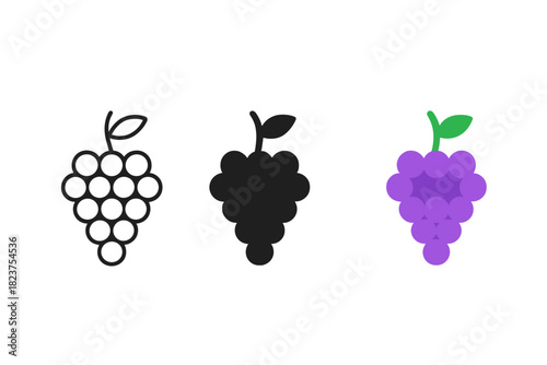 Grape Icon Styles. Minimalist grapes fruit icon: three identical grape bunches with small round berries and a leaf on top in a row