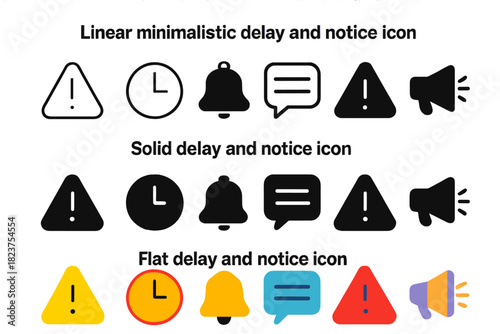 Icon Set_ Alerts. Linear minimalistic delay and notice icon: warning triangle, clock, notification bell, message board, alert sign