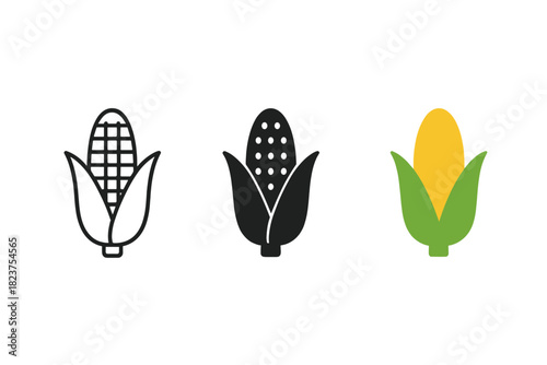 Minimalist Corn Icons. Minimalist corn vegetable icon: three identical corn cobs with husks partly open in a row, first in line