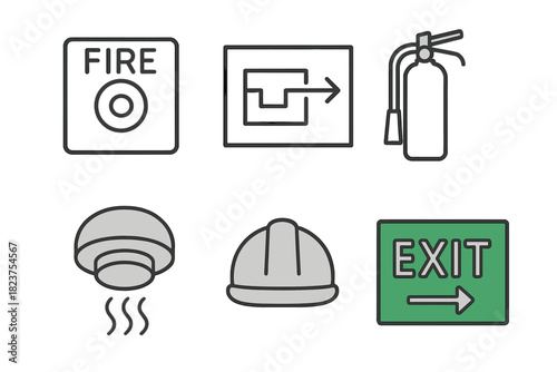Emergency Preparedness Icons. Linear minimalistic emergency preparedness icon: fire alarm panel, escape route map, extinguisher