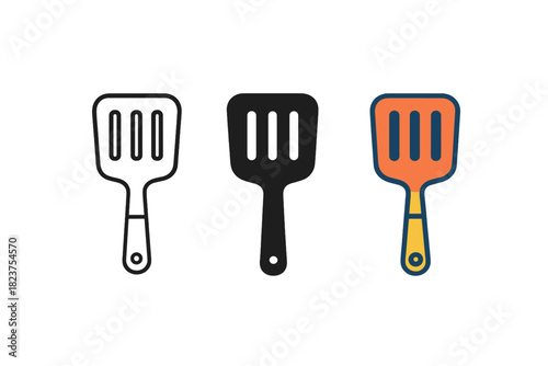 Minimalist Spatula Icons. Minimalist spatula cooking icon: three identical flat spatulas with handles in a row, first in line