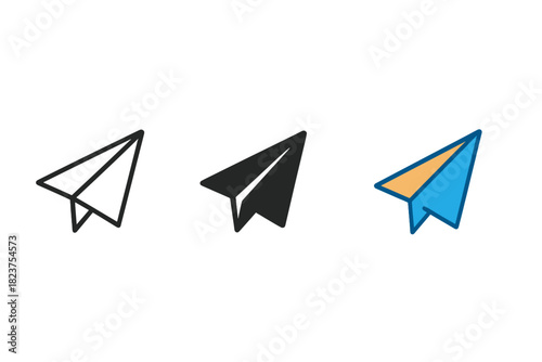 Paper Plane Trio. Minimalist paper plane icon: three identical folded paper planes in a row, first in line style with thin outline