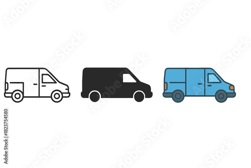Minimalist Cargo Vans. Minimalist van cargo icon: three identical cargo vans with sliding side doors in a row, first in line style