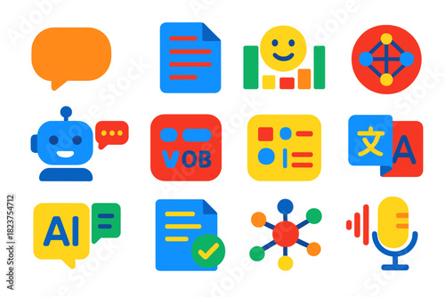 NLP Flat Vector Icons. Flat vector icons of natural language processing: speech bubble, text corpus, sentiment analysis chart,