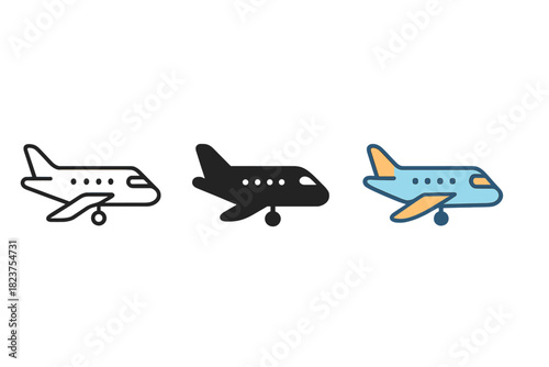 Stylized Airplane Icons. Minimalist airplane travel icon: three identical airplanes in side view in a row, first in line style