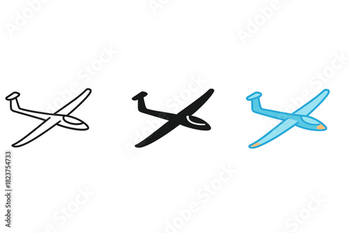 Minimalist Glider Icons. Minimalist glider air transport icon: three identical gliders with long wings in side view in a row,