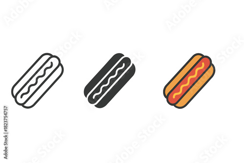 Minimalist Hotdog Trio. Minimalist hotdog fast food icon: three identical hotdogs in buns with sausage inside in a row, first in