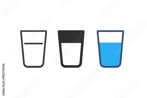 Minimalist Water Glasses. Minimalist water glass icon: three identical clear water glasses half filled in a row, first in line