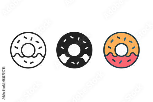 Minimalist Donut Icons. Minimalist donut dessert icon: three identical donuts with icing and sprinkles in a row, first in line