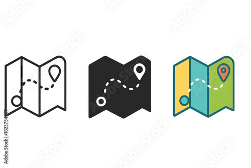 Minimalist Travel Maps. Minimalist map travel icon: three identical folded maps with path lines in a row, first in line style with