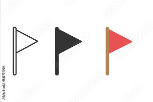 Triangular Flag Variations. Minimalist flag navigation icon: three identical triangular flags on poles in a row, first in line