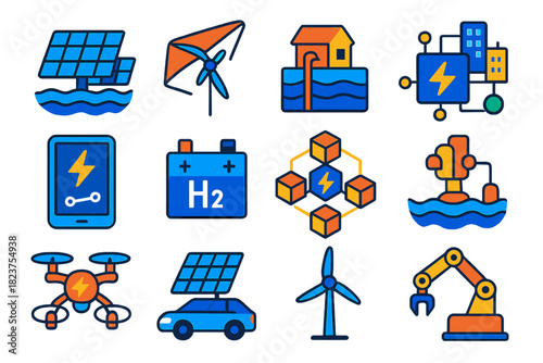 Futuristic Energy Icons. Flat vector icons of futuristic energy tech: floating solar array, airborne wind turbine, geothermal