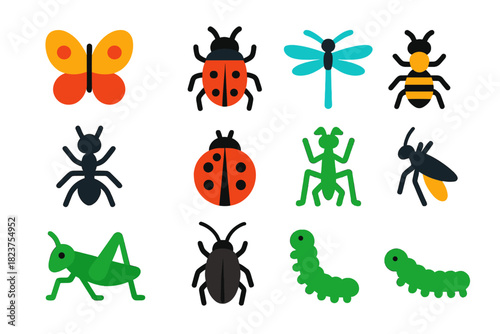 Colorful Insect Icons. Flat vector icons of insect taxonomy: butterfly, beetle, dragonfly, ant, ladybug, bee, grasshopper,