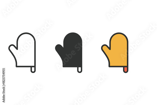 Oven Mitt Icon Trio. Minimalist oven mitt cooking icon: three identical protective mittens in a row, first in line style with thin