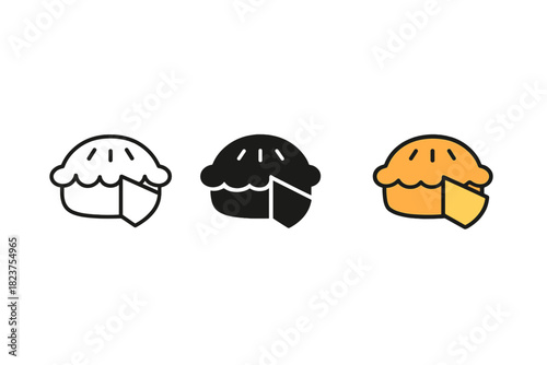 Minimalist Pie Icons. Minimalist pie dessert icon: three identical round pies with a slice cut out in a row, first in line style