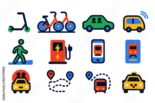 Urban Mobility Icons. Flat vector icons of urban mobility: electric scooter, bike-sharing station, carpool car, autonomous shuttle