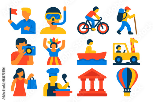 Modern Tourism Icons. Flat vector icons of tourism activities: guided tour, snorkeling, cycling, hiking, photography, cultural