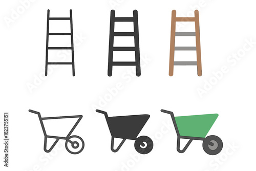 Ladder and Wheelbarrow Icons. Linear minimalistic ladder icon: ladder outline with steps, uniform line thickness, no fill, Solid