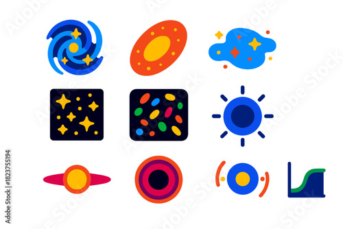 Galaxy Icon Collection. Flat vector icons of galaxy types: spiral galaxy, elliptical galaxy, irregular galaxy, barred spiral, star