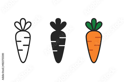 Minimalist Carrot Icons. Minimalist carrot vegetable icon: three identical carrots with leaves on top in a row, first in line