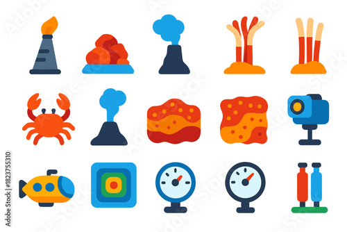 Hydrothermal Vent Icons. Flat vector icons of hydrothermal vents: vent chimney, mineral deposit, black smoker, tube worms, vent