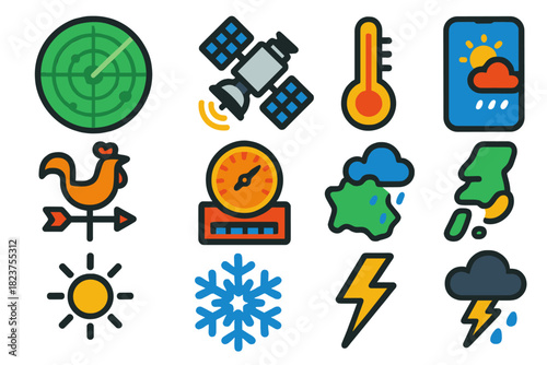 Vibrant Weather Icons. Flat vector icons of weather forecasting: radar screen, satellite, barometer, thermometer, wind vane, cloud