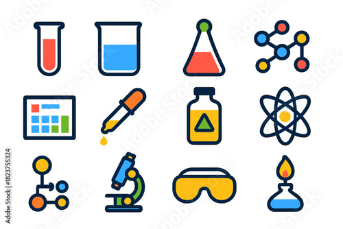 Chemistry Icon Set. Flat vector icons of chemistry: test tube, beaker, flask, molecular model, periodic table, pipette, chemical