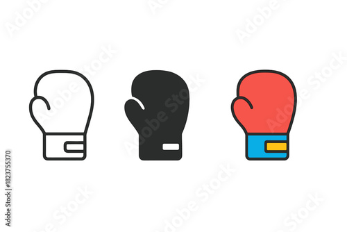 Boxing Gloves Icons. Minimalist boxing gloves icon: three identical boxing gloves in side view in a row, first in line style with