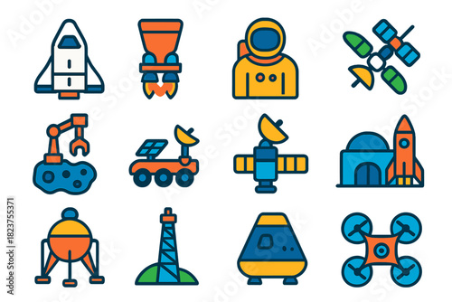 Interplanetary Travel Icons. Flat vector icons of interplanetary travel: crewed spacecraft, propulsion system, space suit, docking