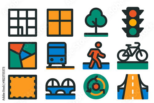 Urban Planning Icons. Flat vector icons of urban planning: street grid, city block, park area, traffic light, zoning map, public