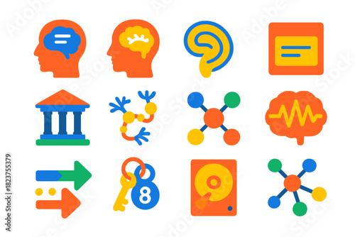 Memory System Icons. Flat vector icons of memory systems: short-term memory icon, long-term memory, hippocampus diagram, flashcard
