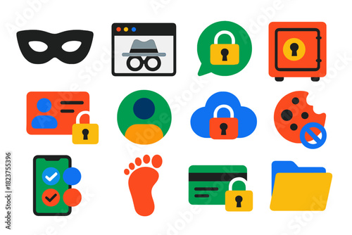 Digital Privacy Icons. Flat vector icons of digital privacy: privacy mask, incognito browser, secure chat, password vault,