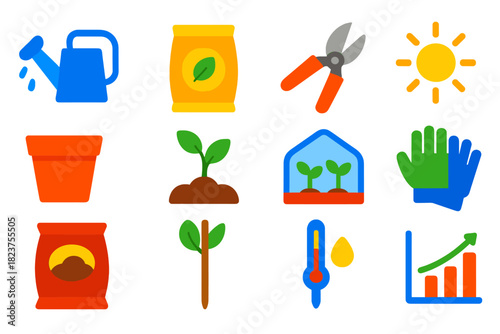 Vibrant Gardening Icons. Flat vector icons of plant growth and care: watering can, fertilizer bag, pruning shears, sunlight, pot,