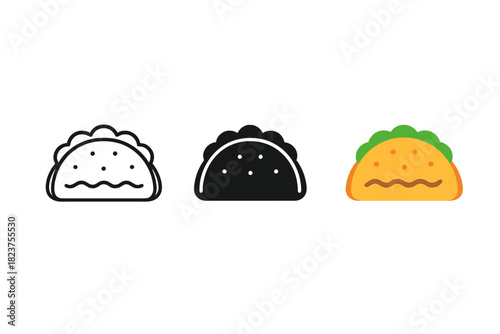 Minimalist Taco Icons. Minimalist taco fast food icon: three identical tacos with folded shells and filling in a row, first in