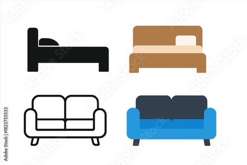 Minimalist Sofa and Bed Icons. silhouette, black solid shape, Flat bed icon: brown bed with white pillow, flat bright style, no