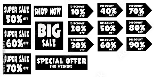 Set of Sale Badges and Discount Labels – Special Offer Promotion Tags 10%, 20%, 30%, 40%, 50%, 60%, 70%, 80%, 90% – Shopping Banner Templates – Vector Illustration