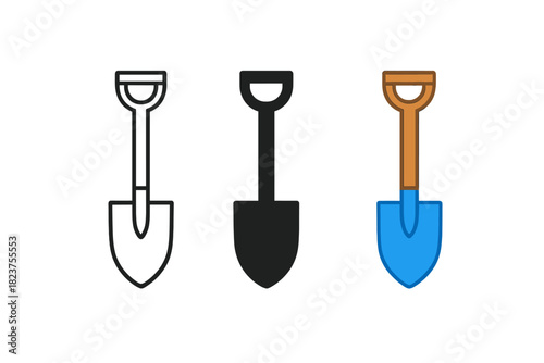 Shovel Garden Icon. Minimalist shovel garden icon: three identical shovels with handles in a row, first in line style with thin