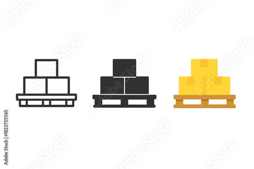 Pallet Cargo Icons. Minimalist pallet cargo icon: three identical wooden pallets with stacked boxes in a row, first in line style