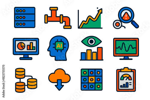 AI Data Icons. Flat vector icons of AI data analytics: big data server, data pipeline, predictive chart, anomaly detection,