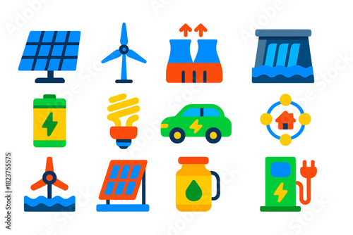 Renewable Energy Icons. Flat vector icons of renewable energy: solar panel, wind turbine, geothermal plant, hydroelectric dam,