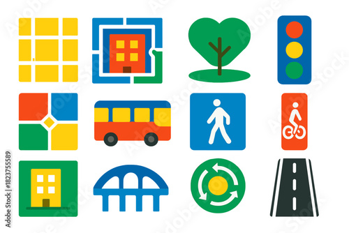 Urban Planning Icons. Flat vector icons of urban planning: street grid, city block, park area, traffic light, zoning map, public