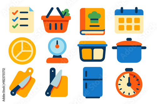 Vibrant Meal Planning Icons. Flat vector icons of meal planning: grocery list, shopping basket, recipe book, calendar, portion