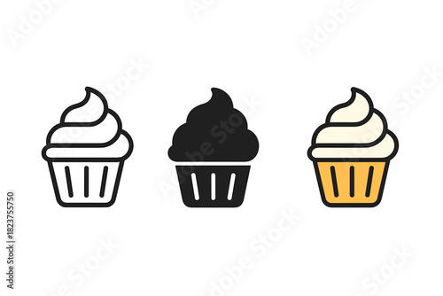 Cupcake Trio Styles. Minimalist cupcake icon: three identical cupcakes with cream topping in a row, first in line style with thin