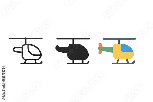 Tri-Style Helicopter Icons. Minimalist helicopter air transport icon: three identical helicopters with main rotor on top in a row,