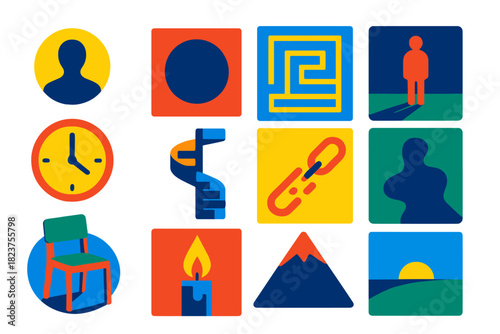 Existential Icons. Flat vector icons of existentialism: human silhouette, void space, maze path, lone figure, clock, spiral