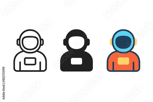 Minimalist Astronaut Trio. Minimalist astronaut icon: three identical astronauts with helmets in a row, first in line style with