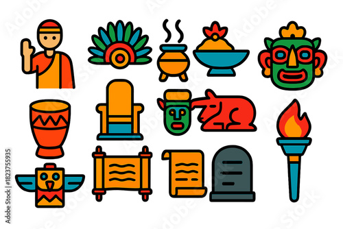 Ancient Ritual Icons. Flat vector icons of ancient rituals and society: priest figure, ceremonial headdress, incense burner,